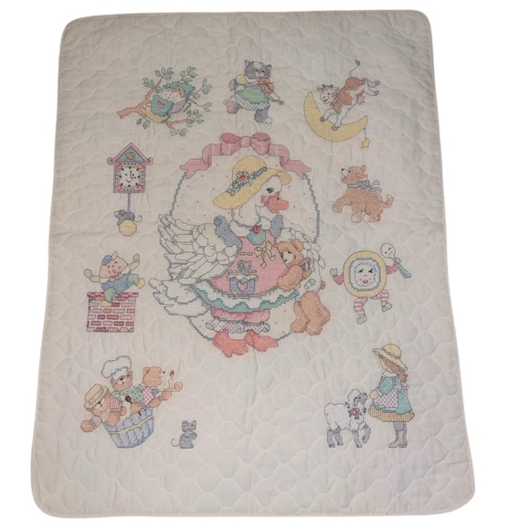 RARE!🎇Completed Bucilla Mother Goose Cross Stitch Crib Blanket Baby Nursery